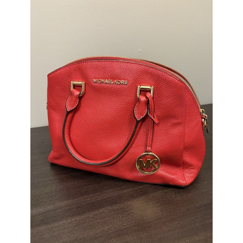 Michael Kors Red Pebbled Leather Dome Satchel Handbag Shoulder Bag
